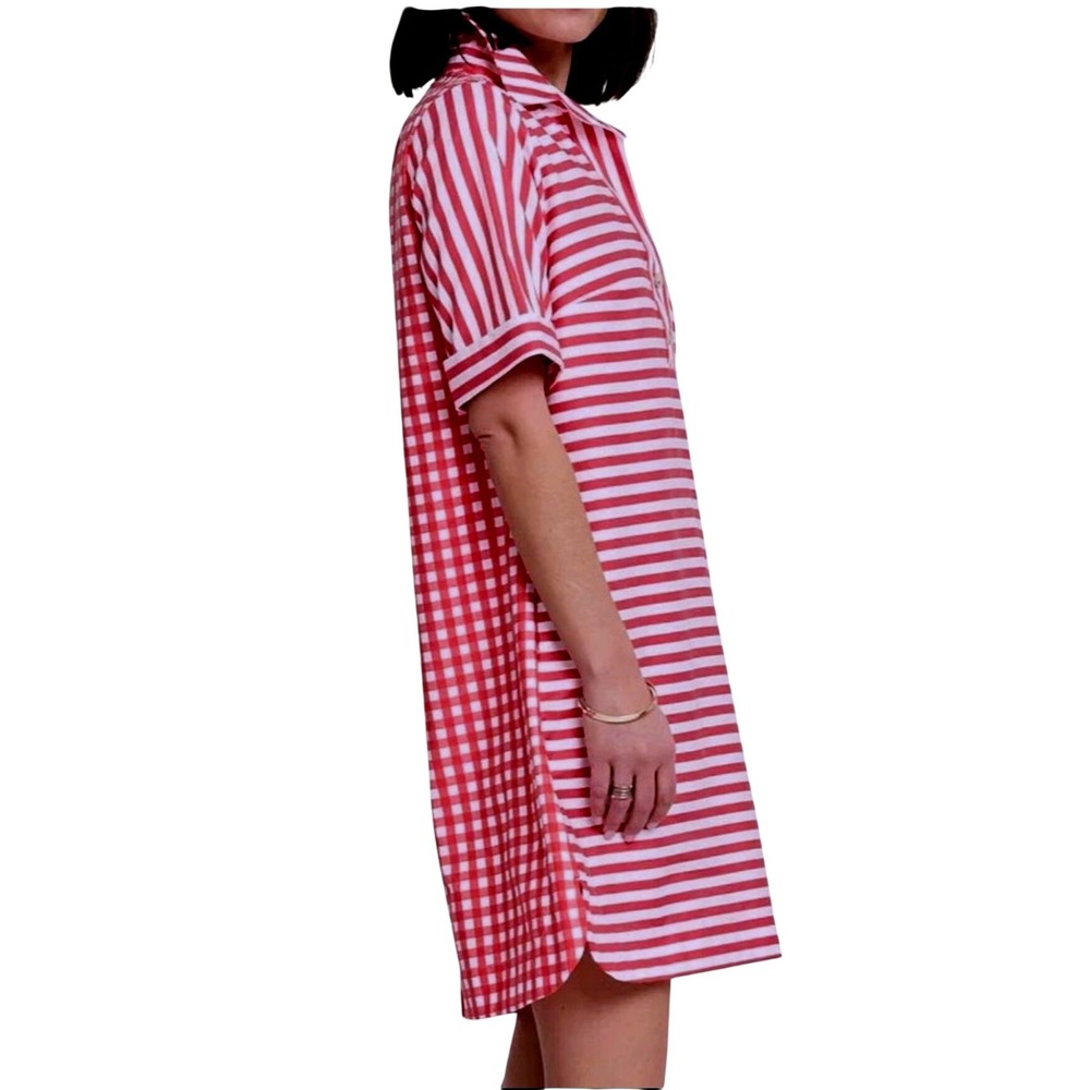 Hinson Wu Aileen Dress Red White Striped Gingham Cotton Shirtdress S